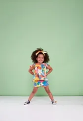 CONJUNTO BATA C/SHORT ESTAMPA AQUARELA DAS FLORES - PRECOCE MCJ2836