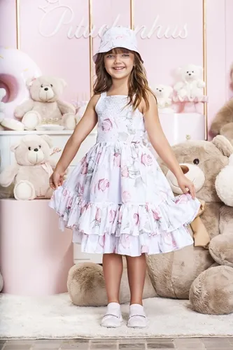 VESTIDO TRICOLINE ALÇA FLORAL CRISTAIS - PITUCINHUS 23234