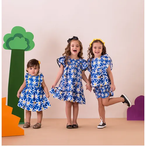 VESTIDO MANGUINHA TRANSPASSADA BARRADO ABELHINHAS E MARGARIDAS PRECOCE MVT3280