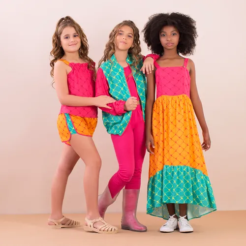 VESTIDO LONGO MONOGRAMA ROSA/LARANJA/VERDE PRECOCE  LVT3344