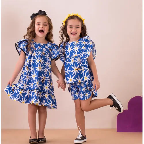 CONJUNTO BLUSA RECORTE BABADO COM SHORT ESTAMPA BARRADO MARGARIDAS E ABELHINHAS PRECOCE MCJ3243