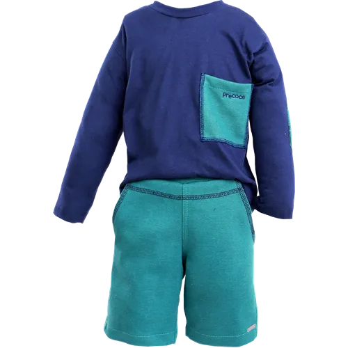 CONJUNTO BLUSA COM MANGAS COM COTOVELEIRAS MARINHO COM SHORT MOLETINHO VERDE PRECOCE MCO3365