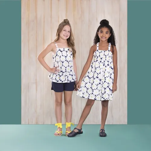 CONJUNTO BATA ALÇA RENDADA ESTAMPA MARGARIDAS COM SHORT MARINHO PRECOCE LCJ3523