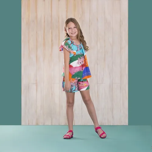 CONJUNTO BLUSA MANGA ABERTA COM SHORT ESTAMPA PICNIC NO PARQUE PRECOCE LCJ3527