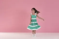 VESTIDO RECORTES MARGARIDAS FUNDO VERDE E BRANCO PRECOCE M6VT3509