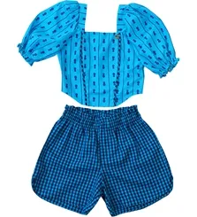 CONJUNTO CROPPED COM SHORT COM BOLSOS ESTAMPA ABACAXI COM FUNDO TURQUESA PRECOCE LCJ3519
