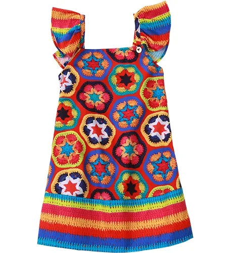 VESTIDO BABADO E AMARRAÇÃO ESTAMPA FLOR DE CROCHE E LISTRAS DE CROCHE PRECOCE M6VT3505