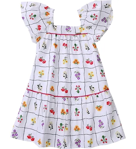 VESTIDO LARGUINHO BABADO QUADRINHOS ESTAMPA FLORES DO CAMPO PRECOCE M6VT3469