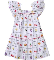VESTIDO LARGUINHO BABADO QUADRINHOS ESTAMPA FLORES DO CAMPO PRECOCE M6VT3469