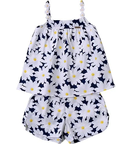 CONJUNTO ALÇA BORDADA COM SHORT ESTAMPA MARGARIDAS RENDADAS PRECOCE M2CJ3445