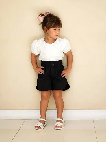 CONJUNTO BLUSA GOLA DE RENDA COM SHORT PRETO PRECOCE M2CJ3858