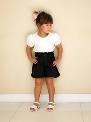 CONJUNTO BLUSA GOLA DE RENDA COM SHORT PRETO PRECOCE M2CJ3858