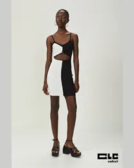 VESTIDO CANELADO PRETO COM BRANCO  DETALHE FIVELA PRATA COLCCI 0445301088