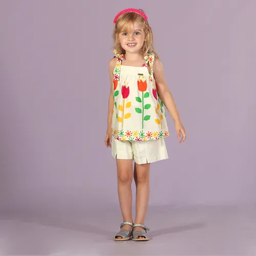 CONJUNTO BATA E SHORT ESTAMPA BARRADO FLORES PRECOCE MCJ4046