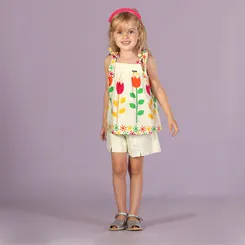 CONJUNTO BATA E SHORT ESTAMPA BARRADO FLORES PRECOCE MCJ4046