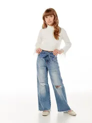 CALÇA JEANS WIDE LEG COM BOLSINHA POCHETE LAÇO BOLSOS DESFIADA LULUZINHA 020571124