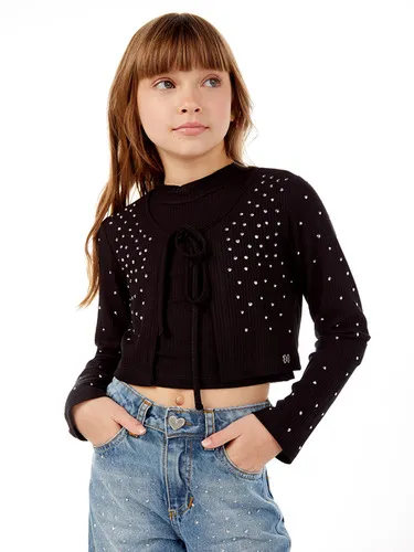 TWIN CASACO BORDADO CRISTAIS CORDÃO BLUSA CROPPED SEM MANGA LULUZINHA 040793124