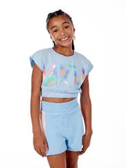 CONJUNTO BLUSA CROPPED ESTAMPA COLORS CÓS ELÁSTICO SHORT DETALHE LATERAL COLORIDO MYLU 041683124