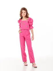 CONJUNTO BLUSA CROPPED MANGAS BUFANTE APLICAÇÕES CORAÇÃO BOTÕES COSTAS CALÇA BOLSOS LISA LULUZINHA 0