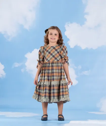 VESTIDO BABADINHO XADREZ MANGA BUFANTE COM AMARRAÇÃO PRECOCE M2VT4729