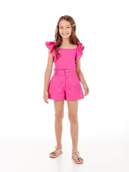 CONJUNTO BLUSA CROPPED MANGA BABADINHO ELÁSTICO COSTAS SHORT BOTÕES CORAÇÃO CÓS ELÁSTICO BOLSOS LULU