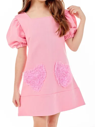 VESTIDO DECOTE QUADRADO MANGA FOFA BORDADOS CORACÃO LULUZINHA 090758124