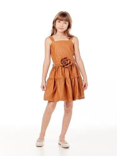 VESTIDO COURO SINTÉTICO ALÇA CINTO FLOR BABADO LULUZINHA 090788124