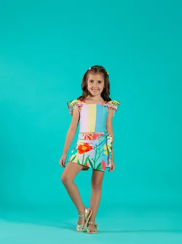 CONJUNTO BLUSA LASTEX SHORT SAIA ESTAMPA JARDIM PRECOCE M2CJ4987