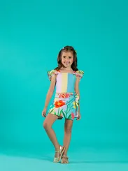 CONJUNTO BLUSA LASTEX SHORT SAIA ESTAMPA JARDIM PRECOCE M2CJ4987
