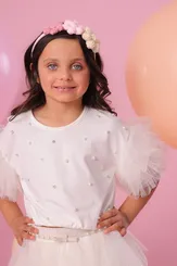 BLUSA COTTON MG BABADOS TULE BORDADOS E PÉROLAS CRISTAIS PITUCHINHUS 28759