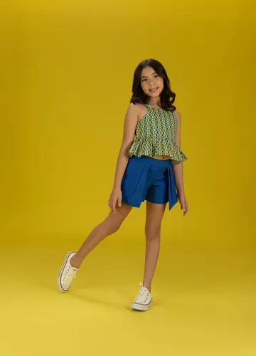 CONJUNTO BLUSA ALÇA COM ELÁSTICO E SHORT SAIA ESTAMPADO PRECOCE LCJ6201