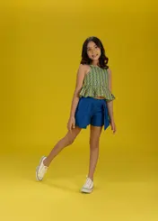 CONJUNTO BLUSA ALÇA COM ELÁSTICO E SHORT SAIA ESTAMPADO PRECOCE LCJ6201