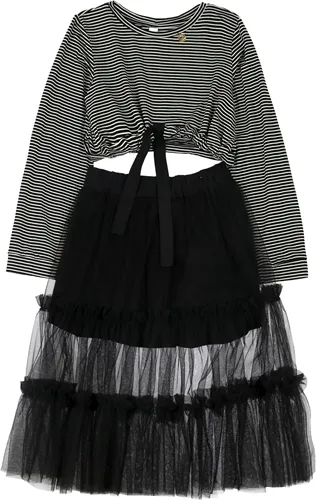 CONJUNTO CROPPED E SAIA MIDI DE TULE BRANCO E PRETO PRECOCE - LCJ2733